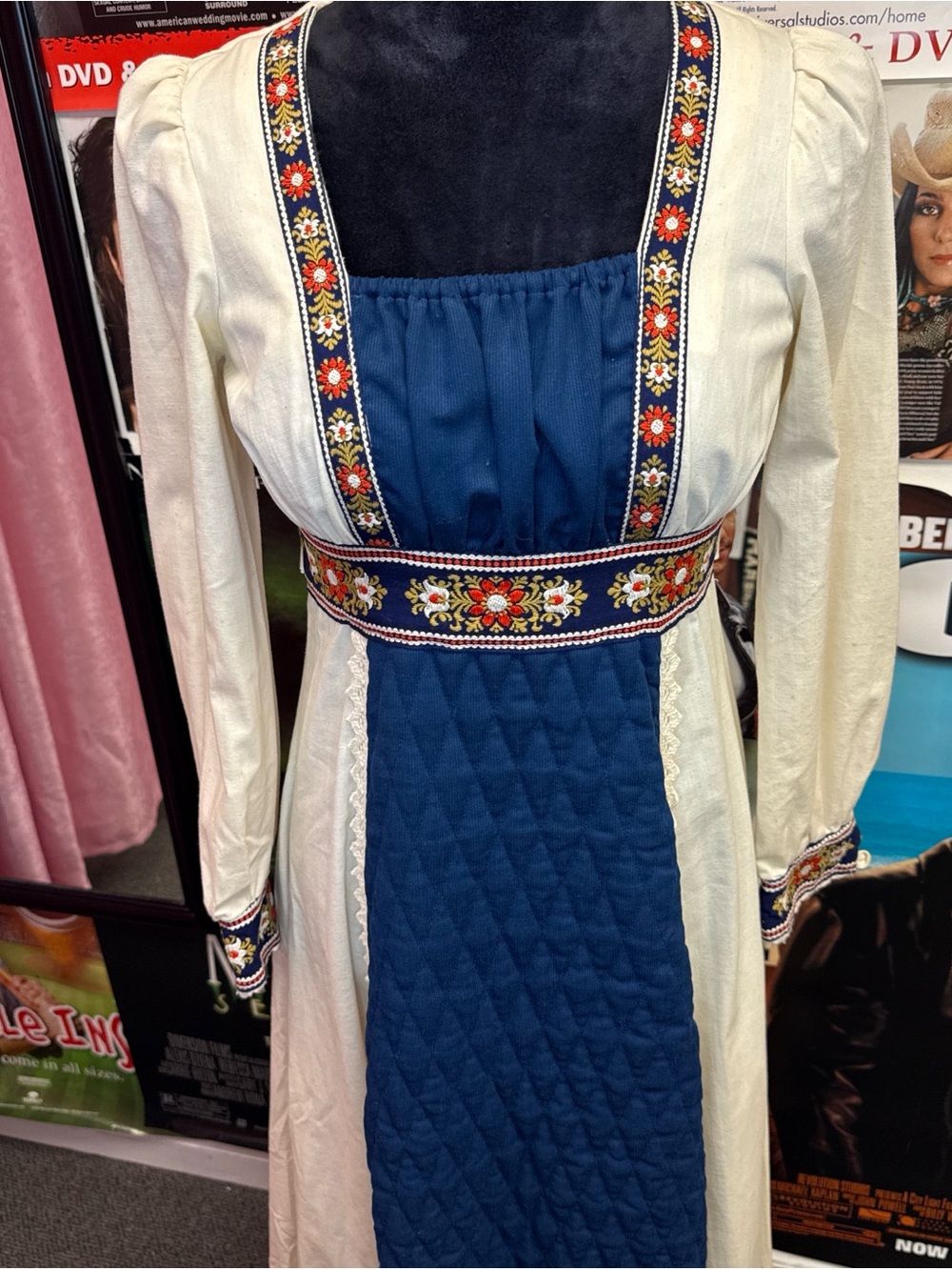 1970s Gunne Sax Cream and Navy boho Embroidered Maxi Dress - Picture 2 of 7